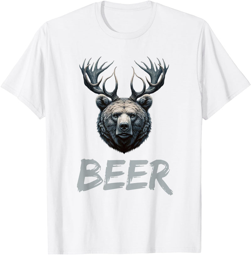 Bear With Antlers Drinker Party Deer Beer Beer Bear Deer Grizzly Bear With Antlers Beer T-Shirt - White