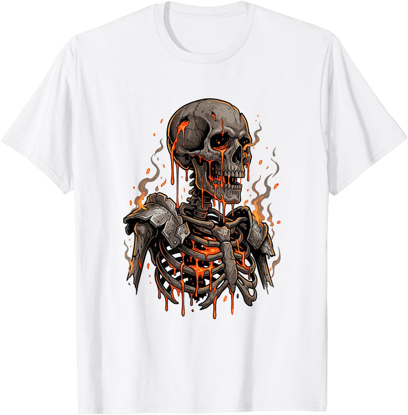 Molten Skull Fire Horror Skeleton Art Designs Spooky Halloween Skull Skeleton Fire Dark Fantasy T-Shirt - White