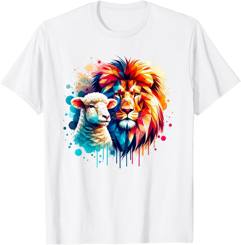 Christian Clothing Lion And Lamb Christian Art Lion And Lamb Geometric Christian Clothing T-Shirt - White