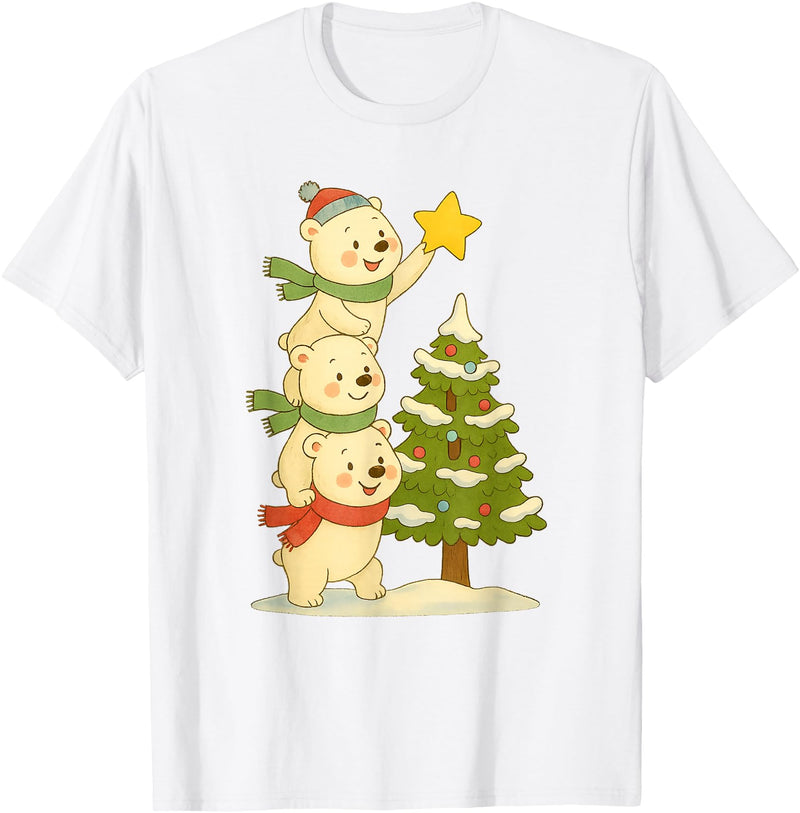 Cute Xmas Bear Cartoon for Kids and Family Cute Polar Bear Stacking Star on Tree Christmas T-Shirt - White
