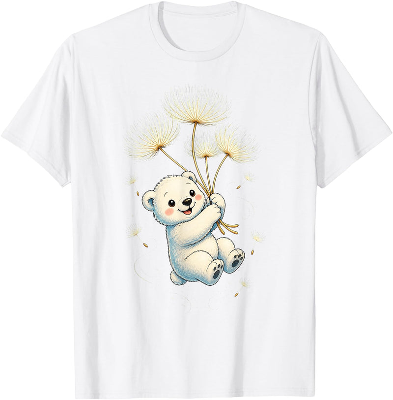 Blueberry Clothing Baby Polar Bear Floating On Dandelion Seeds T-Shirt - White
