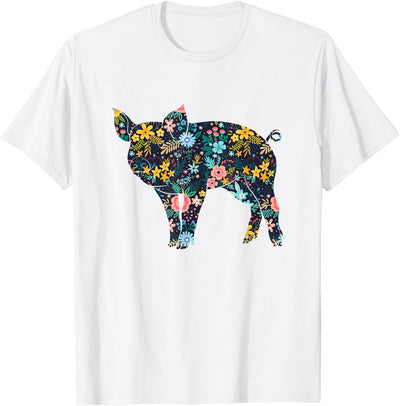 Floral Piglet Silhouette Womens Girls Graphic Pig T-Shirt