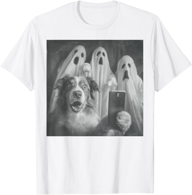Spooky Aussie Moments Australian Shepherd Selfie Funny Ghost Halloween T-Shirt - White
