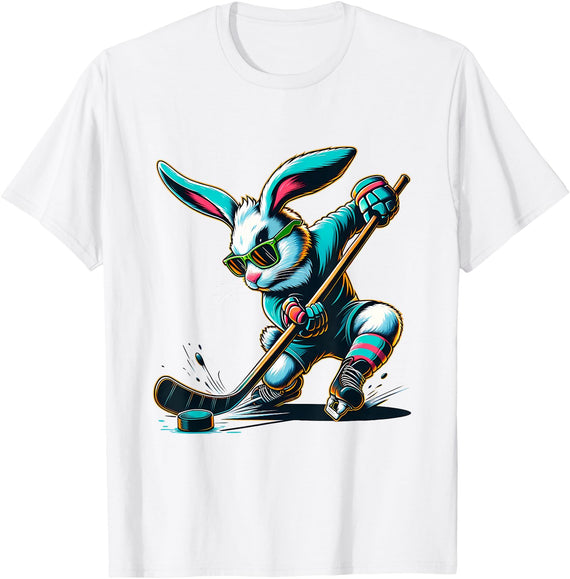 Easter Bunny Hockey Player Rabbit Egg Men Women Boys Kids T-Shirt in White