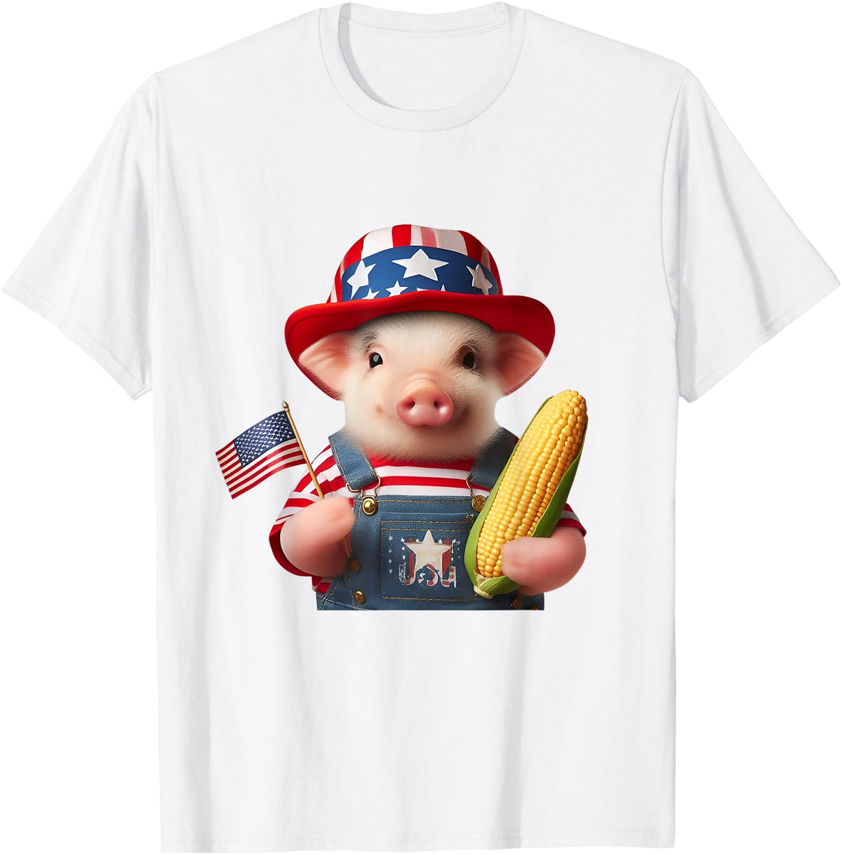 Pig Corn 4th of July Design 4th of July Pig American Us Flag Patriotic Corn 4th of July T-Shirt - White