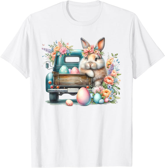 Easter Bunny Vintage Truck Floral Decor Easter Eggs Spring T-Shirt in White