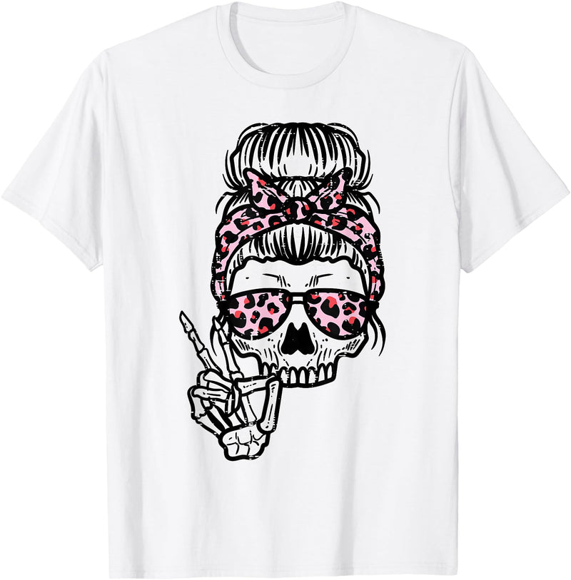 Cute Womens Halloween Shirts For Girls Kids Skeleton Skull Hairbun Leopard Halloween Costume Women Mom T-Shirt - White