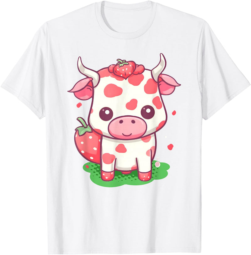 Strawberries Cow Baby Animal Kids Cute Apparel Cow Strawberry Cute Kawaii Pink Pastel Strawberry Milk Farm T-Shirt - White