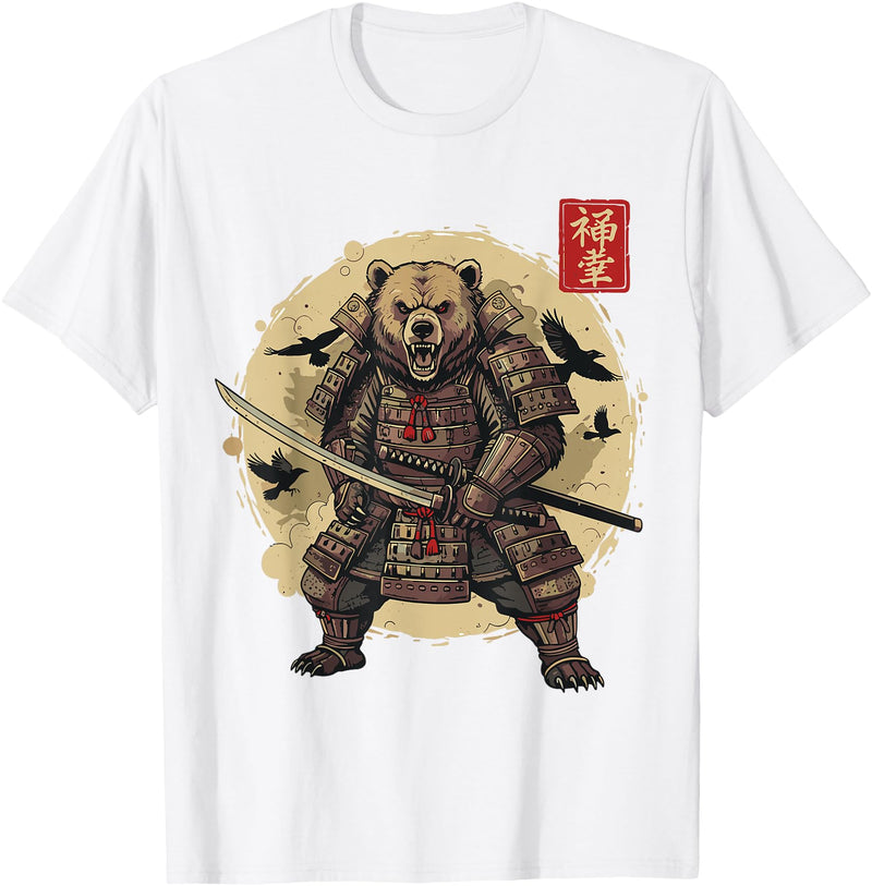 Anime Shirts For Men Women Kids Gifts Samurai Bear Shirt Warrior Vintage Graphic Japanese Men T-Shirt - White