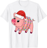 Pig Christmas Gifts Men Women Kids Co. Christmas Lights Pig Wearing Xmas Hat - Pig Lover Farmer T-Shirt - White