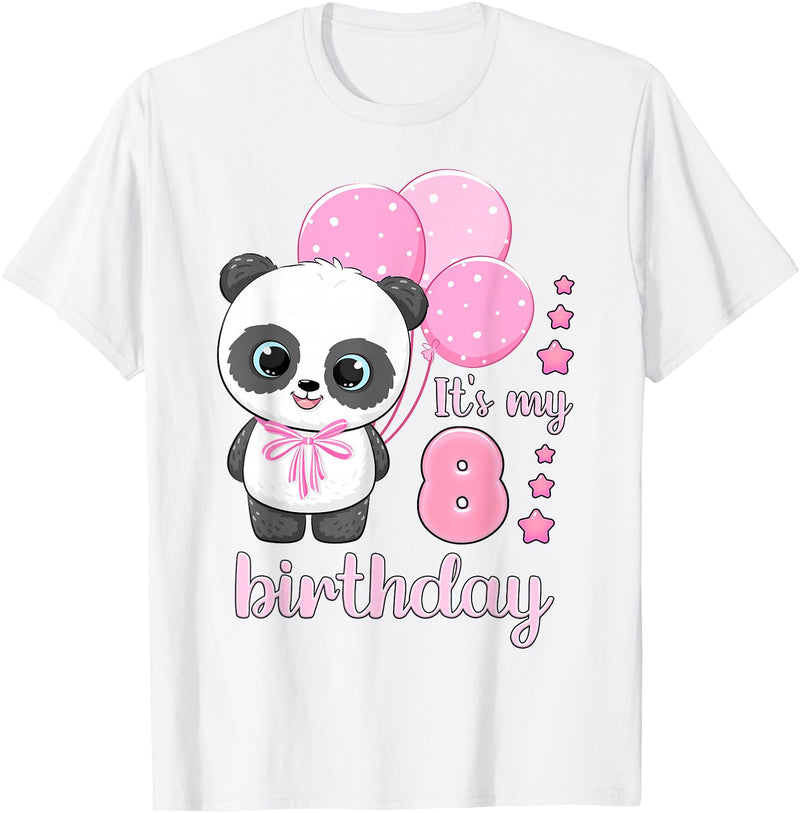 Birthday Gifts for Girls by Content Design Studio Birthday Girl 8 Panda Pink Balloons T-Shirt - White