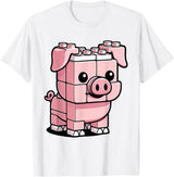 BlockPals DM Funny Pink Brick Pig Building Blocks Farm Animal Character T-Shirt - White