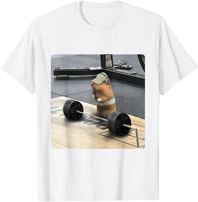 Hamster Deadlift Training Funny Cute Rat Weightlifting Meme T-Shirt - White