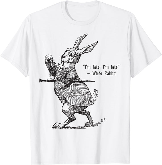 Retro Alice Wonderland White Rabbit I'm Late T-Shirt in White