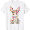 Cute Pink Flower Bunny Rabbit Happy Easter Women Girls T-Shirt in White