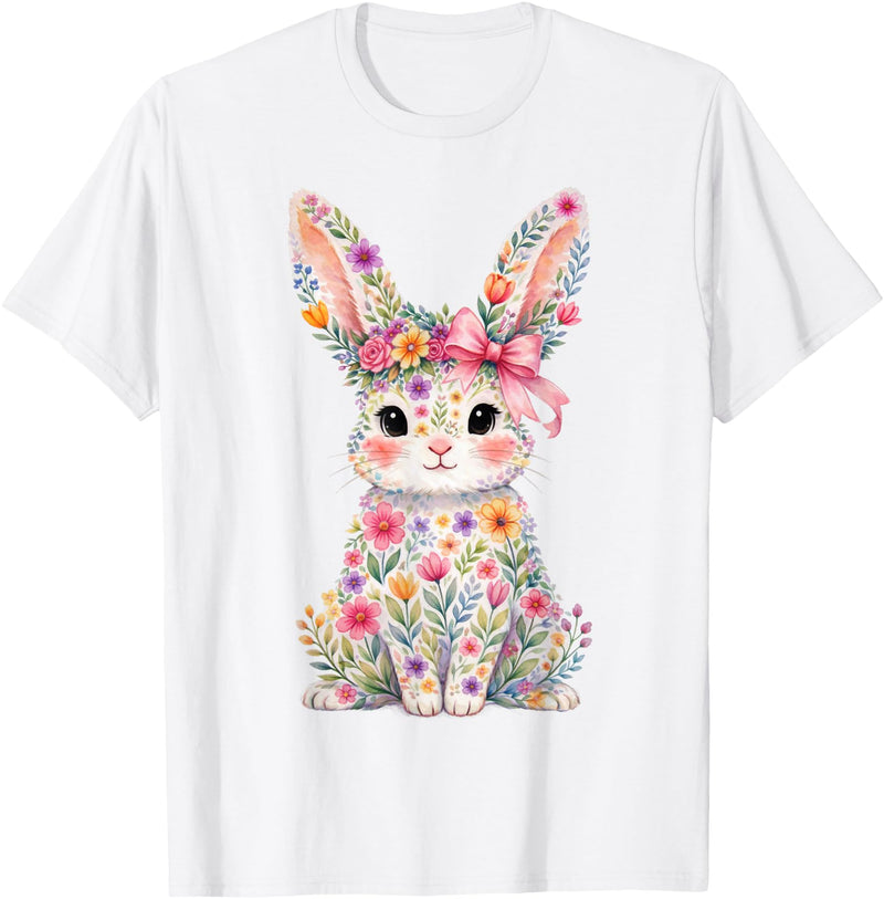 Cute Pink Flower Bunny Rabbit Happy Easter Women Girls T-Shirt in White