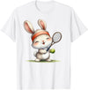 Cute Bunny Rabbit Tennis Player Cartoon Mascot T-Shirt in White