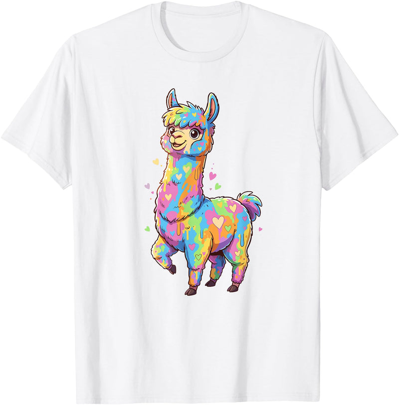 Rainbow Llama Love Pastel Hearts Kawaii Colorful Rainbow Heart Llama Kawaii Cute T-Shirt - White