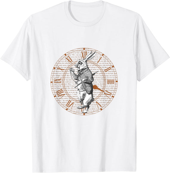 White Rabbit Vintage Clock Steampunk T-Shirt in White