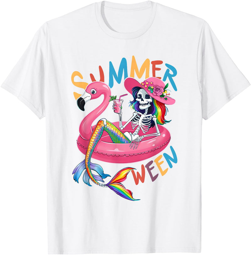 Summer Halloween Summerween Summerween Mermaid Skeleton Flamingo Summer Halloween Women T-Shirt - White