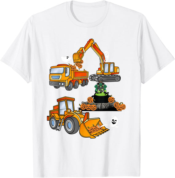 Monster Truck Halloween Clothing & Motifs Construction Site Vehicle Halloween Spooky Pumpkin Halloween T-Shirt - White