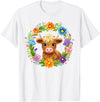 Highland Cow Lover Gifts Apparel and More Highland Cow Flowers Wreath Floral Farm Scottish Country T-Shirt - White