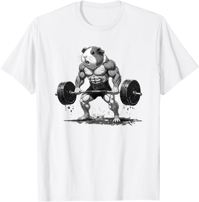 Strong Guinea Pig Lifting Fitness Workout Cool Muscular Guinea Pig Bodybuilder Fitness Power Gym T-Shirt - White