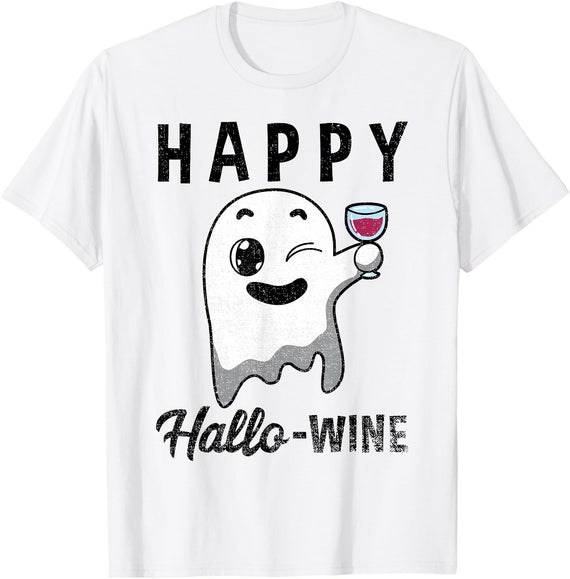 Funny Halloween Shirts Lazy Costume Party Happy Hallowine Shirt Ghost Halloween Wine Lover Costume T-Shirt - White