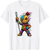 Colorful Voodoo Doll Patchwork Horror Halloween Creepy Rainbow Voodoo Doll with Needle Halloween T-Shirt - White
