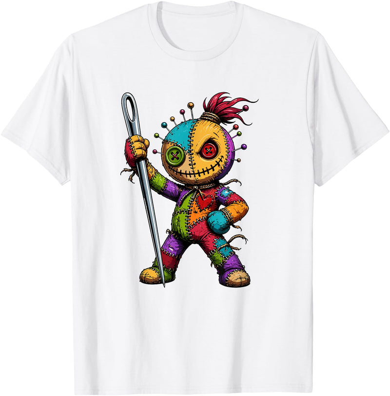 Colorful Voodoo Doll Patchwork Horror Halloween Creepy Rainbow Voodoo Doll with Needle Halloween T-Shirt - White