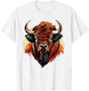 Safari Animal Art Buffalo Portrait Bison Drawing Splash Artwork Animal Print T-Shirt - White