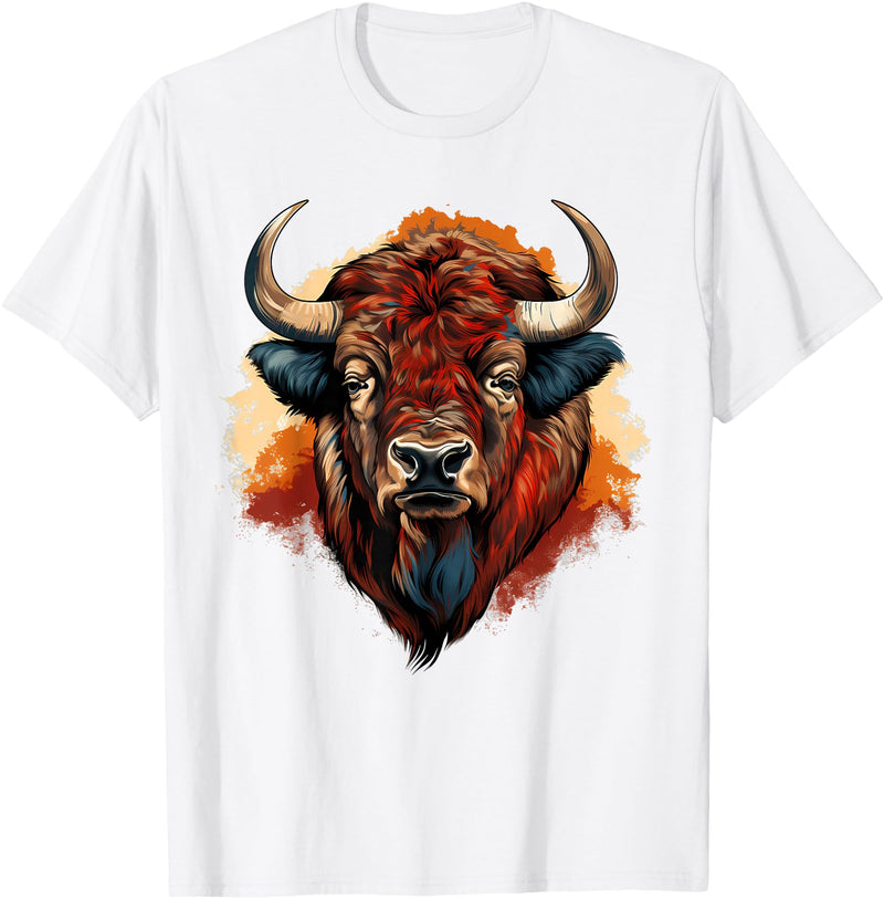 Safari Animal Art Buffalo Portrait Bison Drawing Splash Artwork Animal Print T-Shirt - White