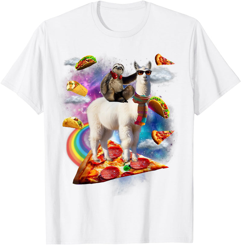 Funny Rainbow Sloth Llama in space Co. Sloth Llama Galaxy Pizza Taco Burrito Rainbow Funny Surreal T-Shirt - White