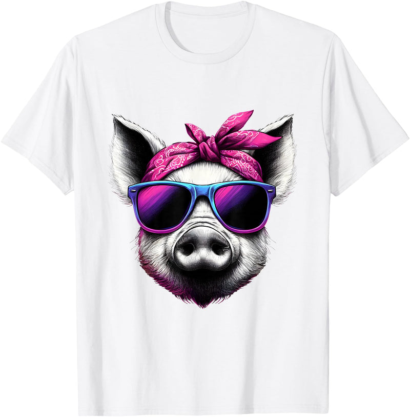 Fashionable Animals Wearing Pink Bandanas Pig Wearing Pink Bandana Headband and Sunglasses T-Shirt - White