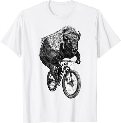 Cow Buffalo Riding a Bicycle Buffalo on Hand Drawn Vintage T-Shirt