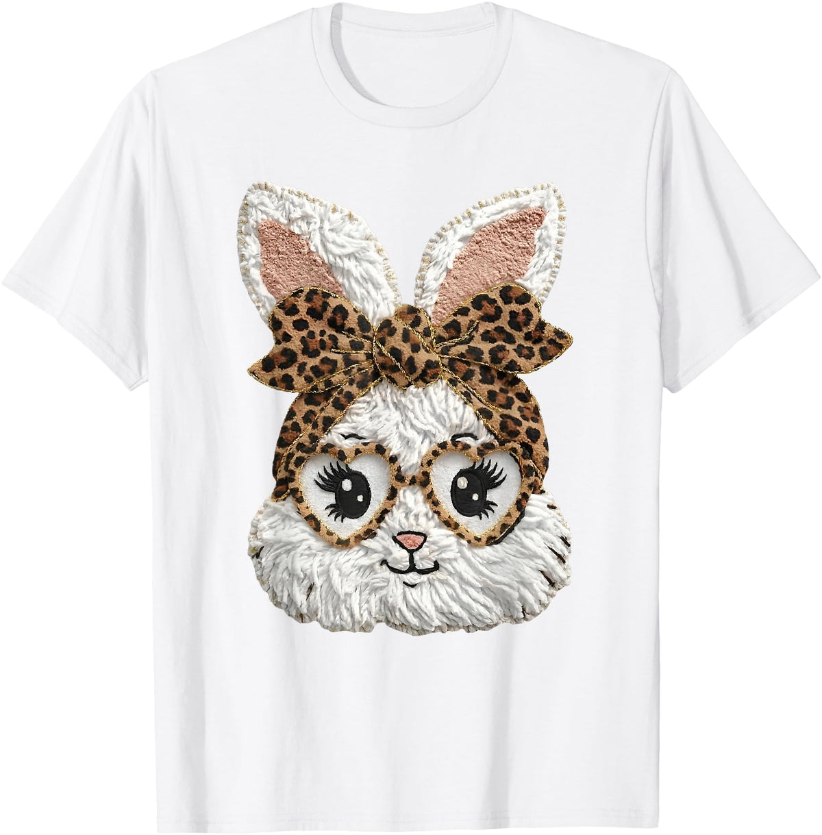 Happy Easter Funny Bunny Glasses Leopard Bandana Rabbit Face T-Shirt in White