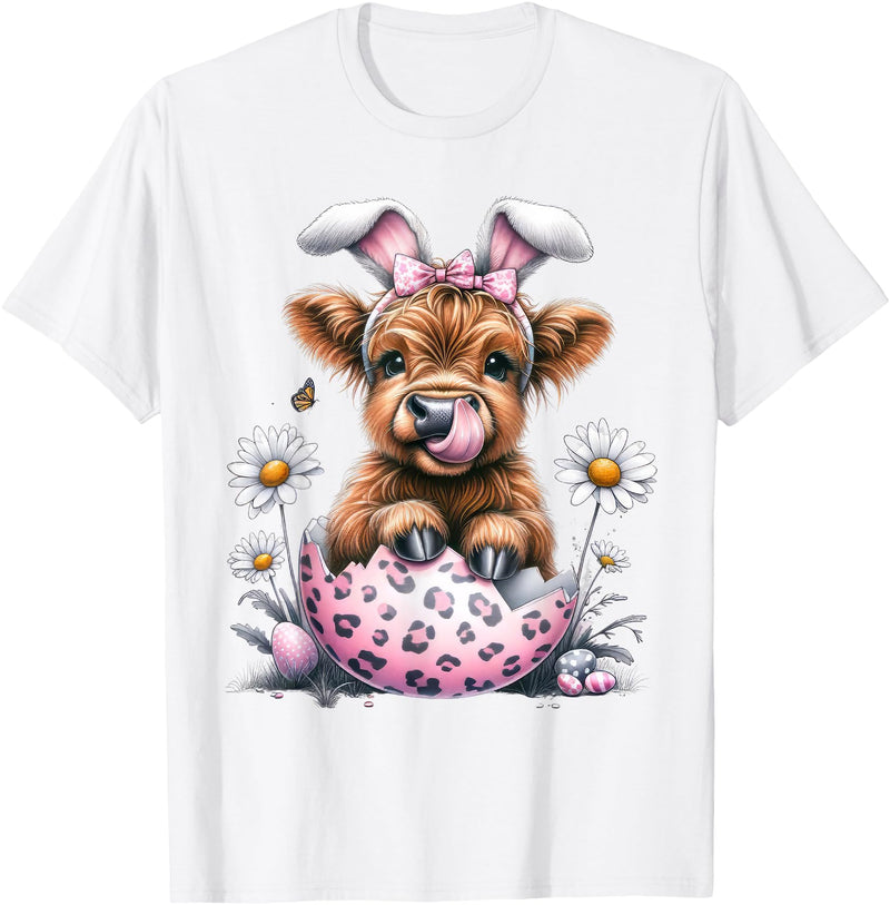 Funny Cow Easter Rabbit Cute Highland Cows Lover Easter Day T-Shirt - White