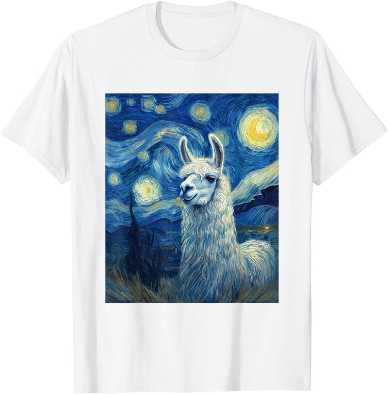 Llama Designs. Llama Alpaka Van Gogh Style Starry Night Funny Graphic T-Shirt - White