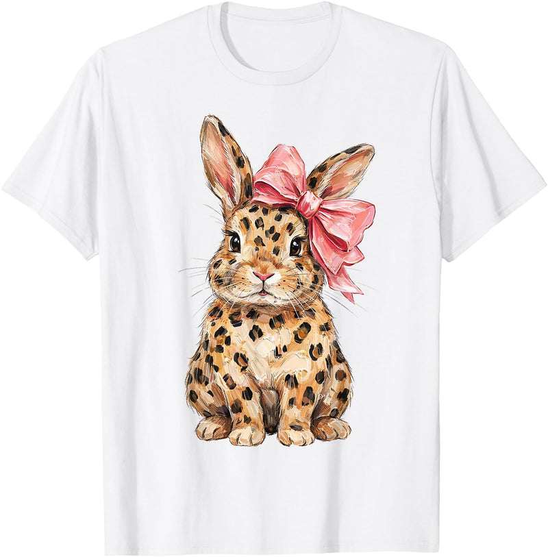 Cute Bunny Leopard Coquette Bow Rabbit Easter Women Girls T-Shirt in White
