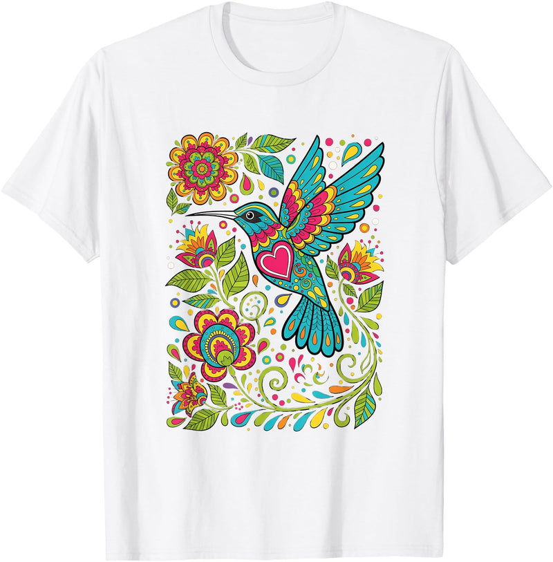 FolkFlight Design Co Bird Hummingbird Floral Folk-Art Colorful T-Shirt - White
