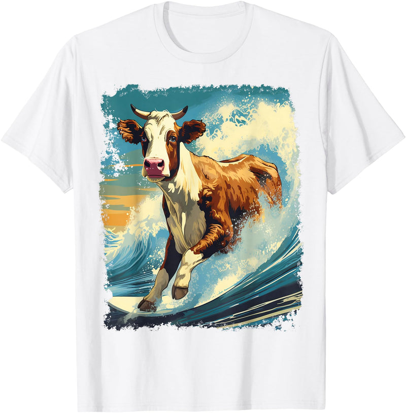 Noah&Friends Pop Art Colorful Cow Surfing T-Shirt - White