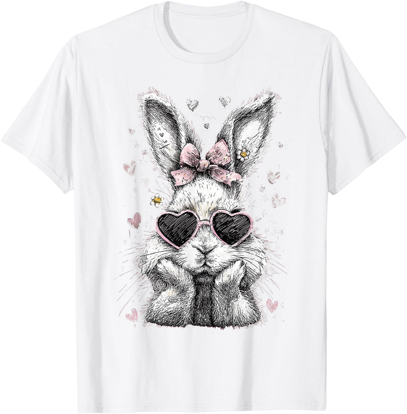 Funny Bunny Face Glasses Bandana Pink Rabbit Happy Easter T-Shirt in White
