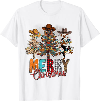 Merry Christmas Trees Western Cowboy Buffalo Plaid Leopard T-Shirt