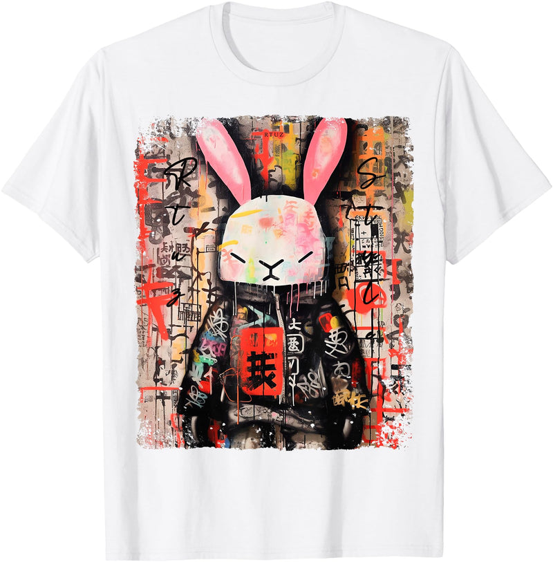Hip Hop Y2K Rabbit Hipster Edgy Streetwear Bunny Samurai T-Shirt in White