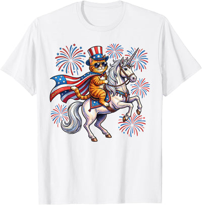 4th of July Cat Unicorn Tee Patriotic Cat Riding Unicorn 4th of July Fireworks USA Flag T-Shirt