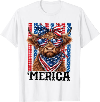 Striped Merica Highland Cow 4th of July Us Flag Retro July T-Shirt