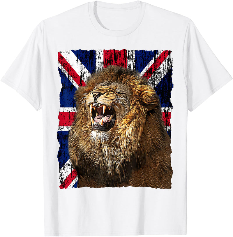 Patriotic Puppies Patriotic Roaring Lion UK Flag Distressed United Kingdom T-Shirt - White