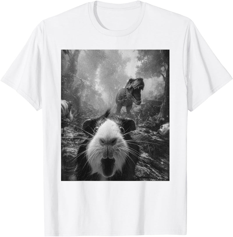 Vintage Cute Guinea Pig Bootleg Streetwear Graphic Funny Guinea Pig Selfie with T-Rex Dinosaur Dino Graphic T-Shirt - White