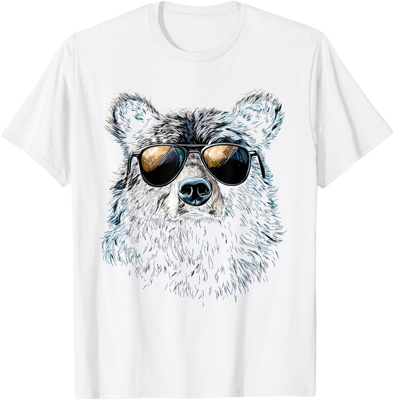 Forest Illustration Bear Art Nature Bear Wearing Sunglasses Wildlife Artwork Graphic Bear T-Shirt - White