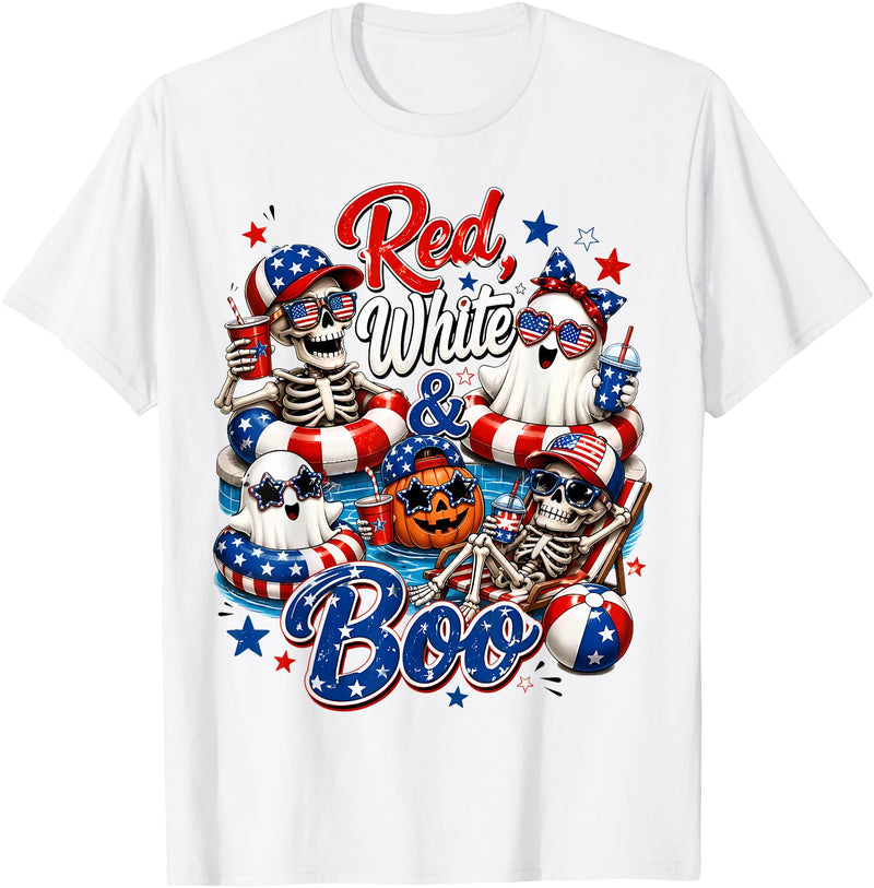 Haunted 4th of July Patriotic Crew Summer Vacation Red White and Boo Ghost Skeleton Pumpkin Floating Summerween T-Shirt -